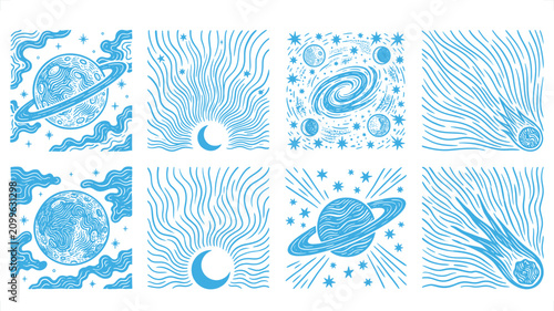 Fotografie Celestial bodies and cosmic patterns in a blue linocut style for abstract backgr