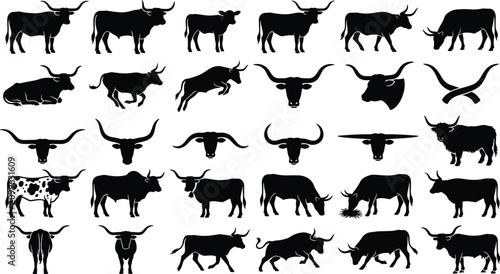 Collection of diverse bull and cow silhouettes in various poses and styles isolated on white