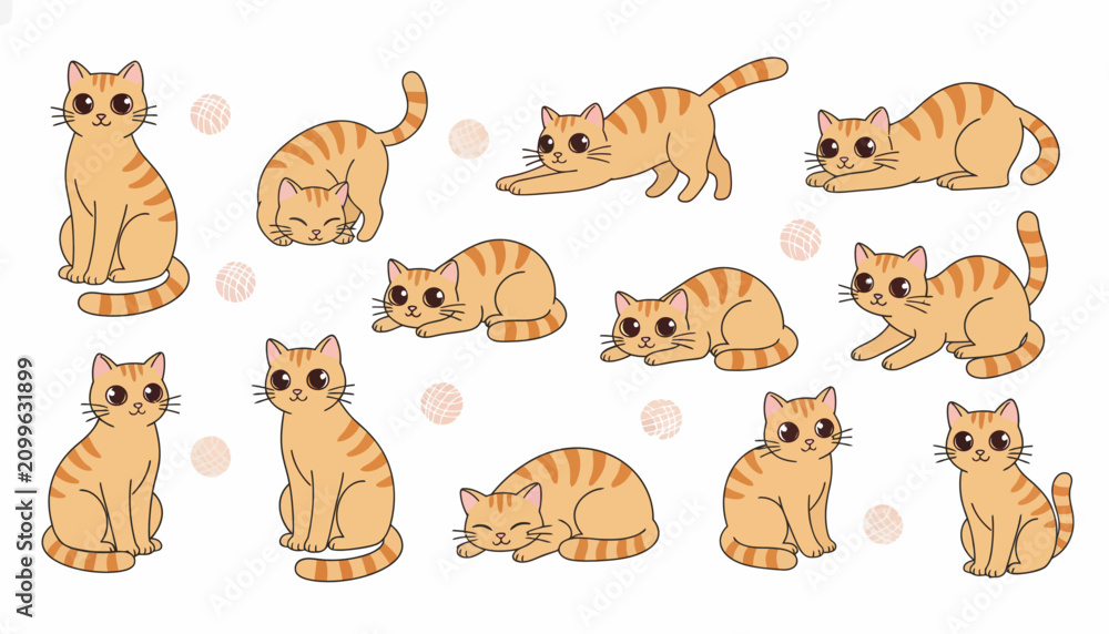 Obraz premium Cats with orange stripes are depicted in multiple charming stances to celebrate feline personality and movement.