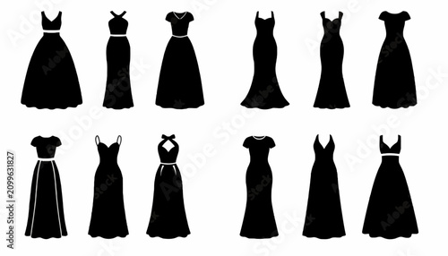 Schilderij op canvas Dresses in elegant black silhouettes represent a variety of formal gown styles suitable for fashion design layouts and event marketing materials
