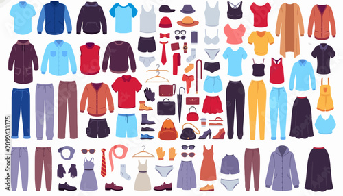 Tableau sur toile Clothing collection displays a wide variety of flat vector illustrations featuring apparel and fashion accessories