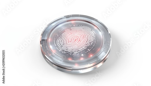 Futuristic Biometric Fingerprint Scanner Icon on Metallic Coin Button, 3D Render