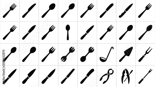 Fotografía Comprehensive set of 32 black kitchen utensil silhouettes including various forks, knives, spoons, ladles, and specialty tools isolated on a white grid background for culinary design
