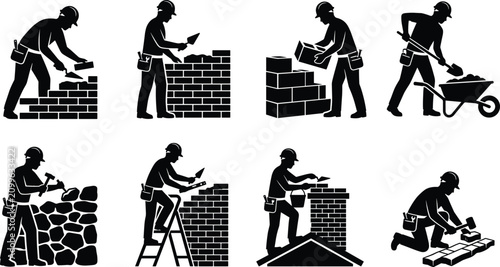 Fotografi Construction Workers Silhouettes Set - Bricklayer and Mason Icons Vector Illustr