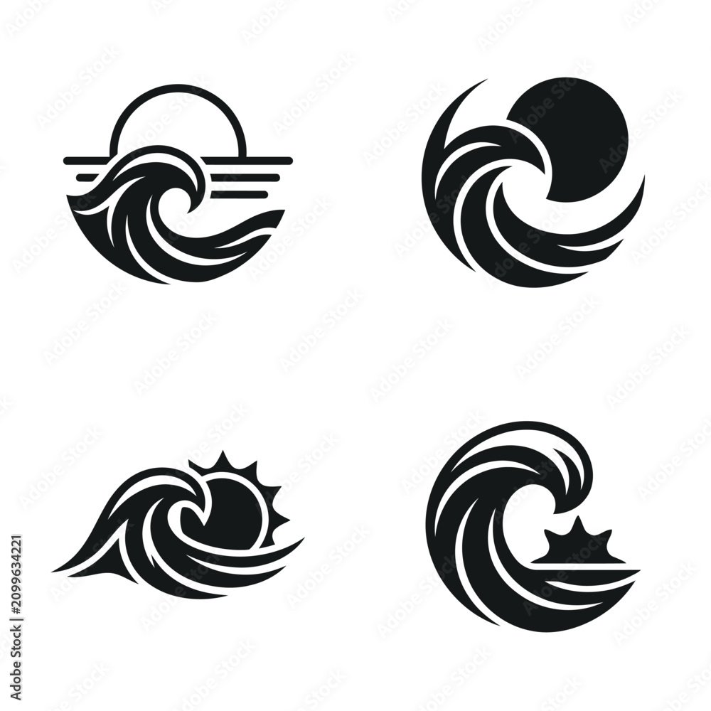 Naklejka premium Black wave icons with sun and moon.