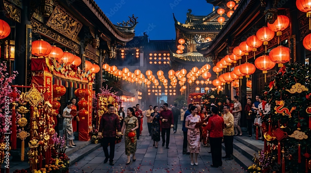 Fototapeta premium Chinese New Year celebration in historic town. People walking under glowing red lanterns.