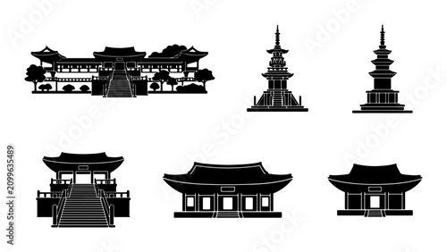 Bild auf Leinwand Korean Architecture Icons: Pagodas, Palaces, Temples, Vector Set