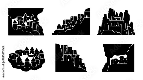 Fotografie Ancient Village Silhouettes, Cliffside Architecture, Historic Settlements Set