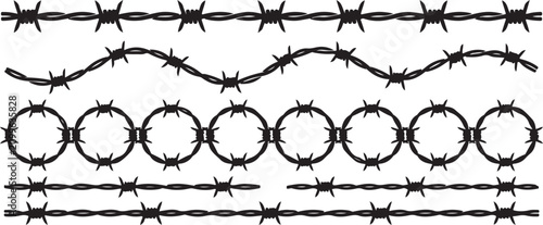 Fotografie Black barbed wire vector set with straight lines wavy patterns and circular shap