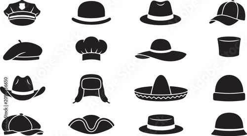 Quadro su tela Set of black hat and cap icons including police, baseball, chef, cowboy, and top