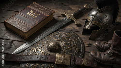 A Knight's Faith and Fortitude: A testament to unwavering belief and steadfast defense, this image displays a worn Holy Bible alongside medieval armor, a sword, a shield, and boots.