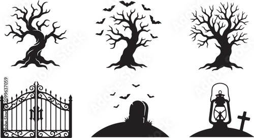 Foto Set of black halloween silhouettes with spooky dead trees bats iron gate tombsto