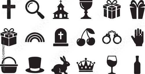 Valokuva Collection of miscellaneous black silhouette icons including religious symbols a
