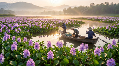 Traditional Fishermen on Wooden Boat Among Blooming Water Hyacinth Flowers at Sunrise