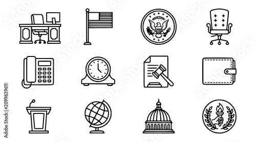 Government and Law Icons: Desk, Flag, Seal, Chair, Phone, Clock, Gavel, Wallet, Podium, Globe, Capitol, Emblem