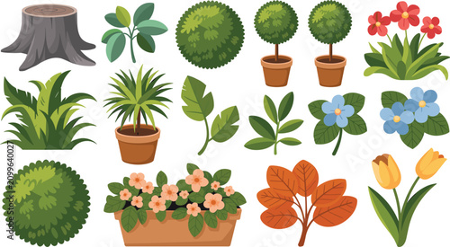 Garden Plants and Botanical Elements Vector Set Featuring Potted Plants, Bushes, Flowers, Tree Stump, Leaves, and Nature Illustration Collection