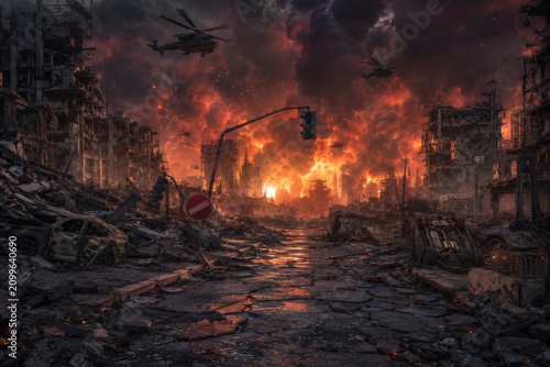 Apocalyptic Aftermath: Helicopters fly over a city in ruins, engulfed in flames and smoke, a scene of utter devastation and destruction.