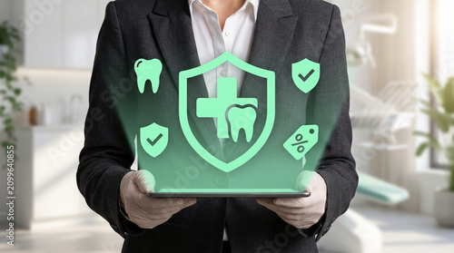 Business Professional Holding Digital Tablet with Glowing Dental Insurance Icons and Tooth Symbols in a Modern High-Tech Medical Clinic Interior