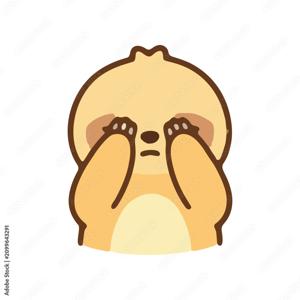 Fototapeta premium Cute cartoon sloth covering eyes with paws simple illustration
