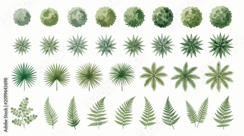 Foto Watercolor landscape plan symbols, 32 green tree and plant top view icons, archi