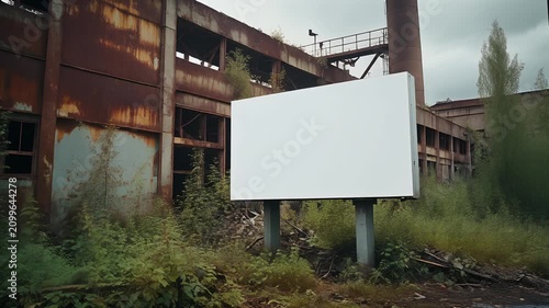 Blank white billboard in front of abandoned rusty industrial factory