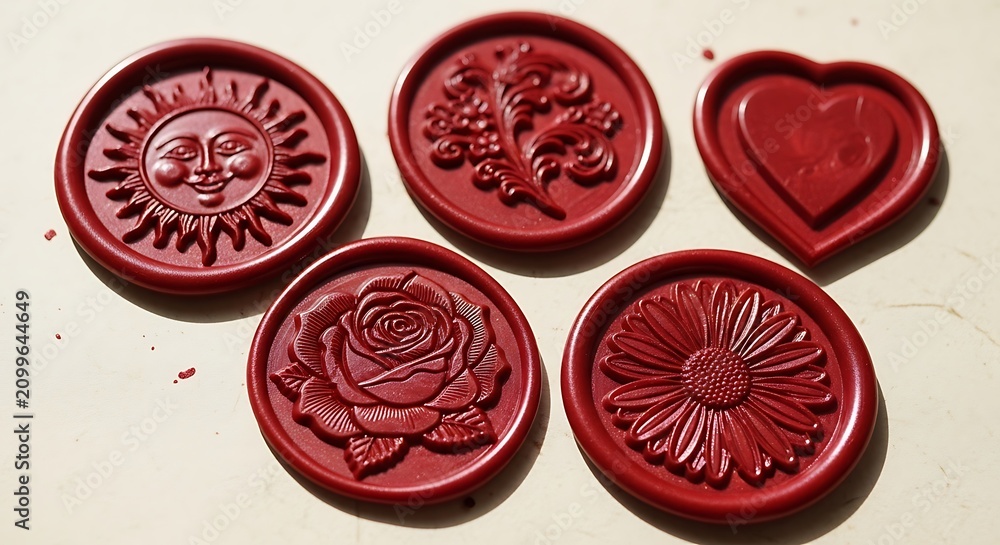 Fototapeta premium Set of decorative red wax seals with floral and celestial motifs, embossed