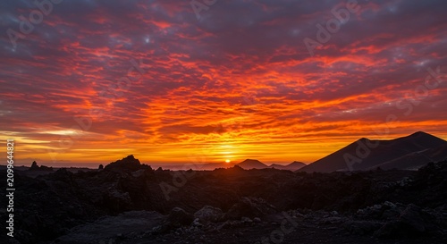 Naklejka 壮大な夕日が地平線にゆっくりと沈み空全体が燃えるような赤とオレンジに染まる感動的な瞬間ごつごつとした山々がシルエットとなり自然の美しさを際立たせる風景. AI Generated