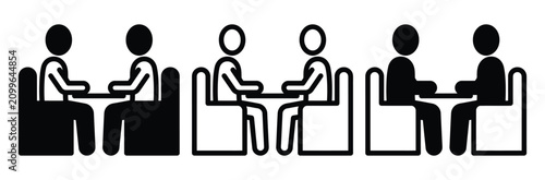 Two people sitting at table icon set. Business meeting or restaurant dinner date symbol for corporate teamwork discussion, cafeteria communication, black and white vector illustration