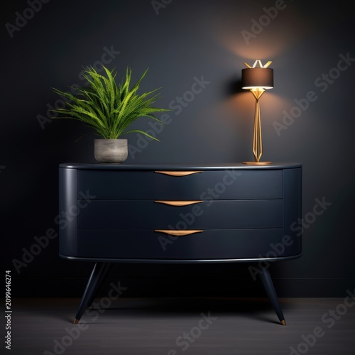 Navy commode with decorative accessories and plants, angled view, studio lighting setup. real-estate listings.