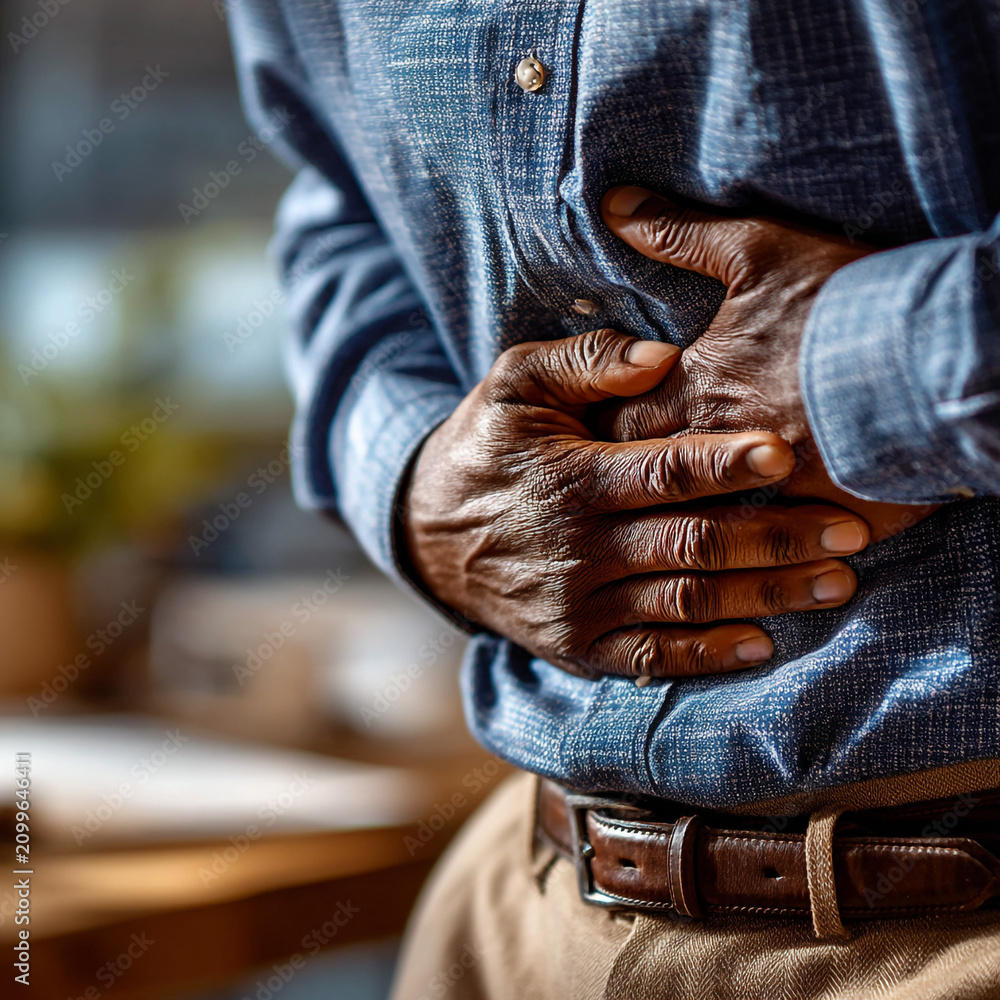 Fototapeta premium Person suffering from acute stomach ache holding hand on abdomen with abdominal, discomfort