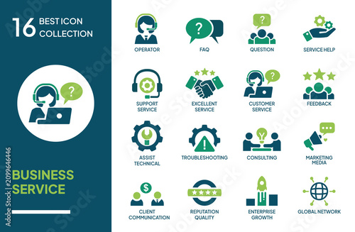 Business Service Icon Set Featuring Symbols for Customer Support, Technical Assistance, Consultation, and Global Networking