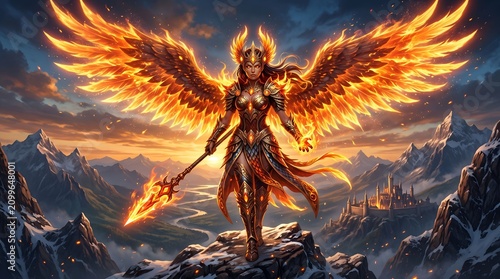 A glamourous phoenix guardian with fiery amber eyes, radiant golden feather crown, magnificent wings forged from glowing flames, cinematic lighting, clean atmosphere