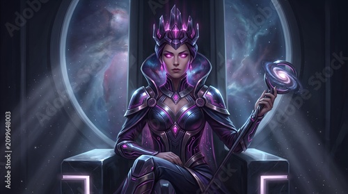 A cosmic empress, glowing magenta eyes, clean background, ultra detailed sci-fi fantasy artwork, masterpiece,