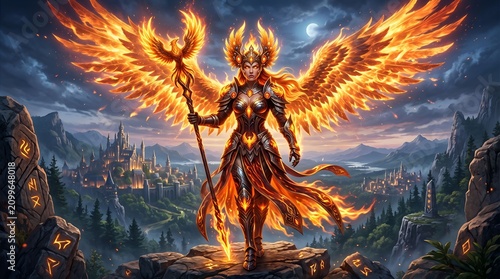 A phoenix guardian with fiery amber eyes, radiant golden feather crown, magnificent wings forged from glowing flames, cinematic lighting, clean atmosphere