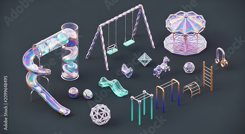A collection of iridescent holographic futuristic playground clipart elements featuring a slide swings and carousel in a 3D isometric style