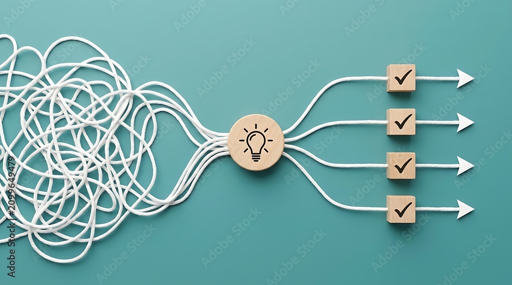 Fototapeta premium Tangled ropes transforming into straight lines through a lightbulb icon, symbolizing workflow optimization, problem solving, and innovative ideas