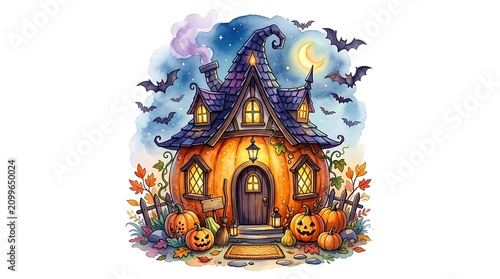 Whimsical halloween pumpkin house with witch hat roof and bats at night