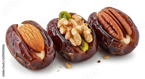 Dates stuffed with nuts: almond, walnut, pecan, pistachios on white background