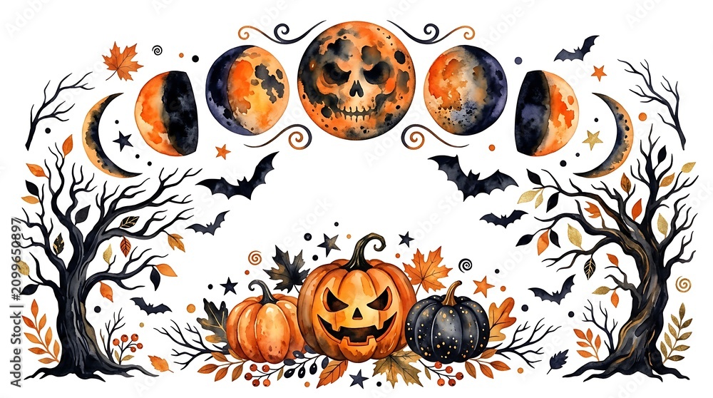 Fototapeta premium Watercolor halloween composition with skull moon, jackolanterns, and spooky trees isolated on white background