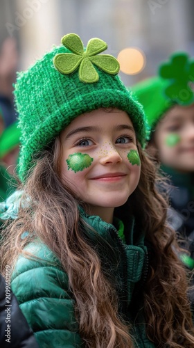 A young girl with green face paint and a shamrock hat smiles while wearing a green jacket. AI.