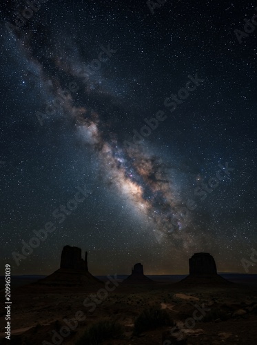 Vast Milky Way Galaxy Arches Over Iconic Monument Valley Rock Formations Under Starry Night Sky.