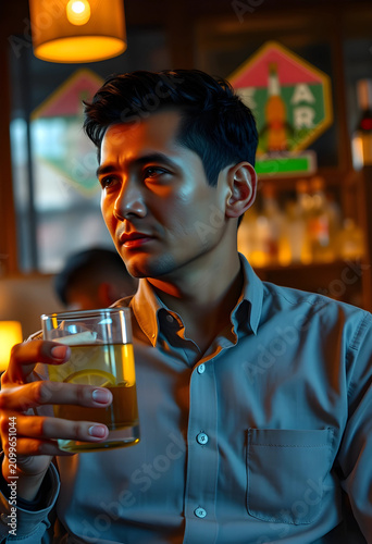 Young man holding a glass o...