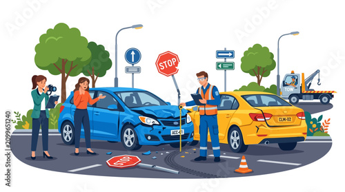 Car Accident Scene with Police Investigation and Tow Truck