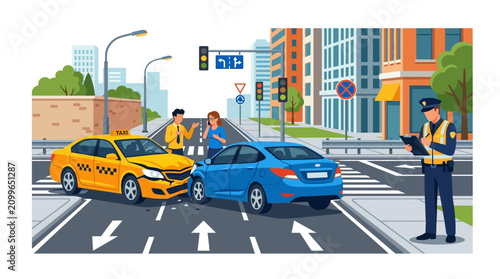 Car Accident Scene with Police Officer and Damaged Vehicles at Intersection