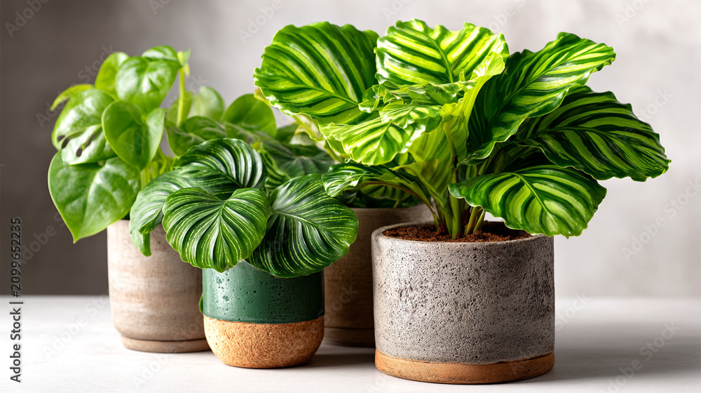 Fototapeta premium Variety of green indoor houseplants in decorative textured ceramic and cork pots with botanical