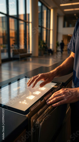 Modern Interactive Kiosk Interface In A Sleek Corporate Lobby Setting