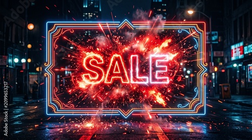 A vibrant city street at night with glowing neon “SALE” sign in red, sparks and light effects, announcing a red-hot event with urgency and excitement.