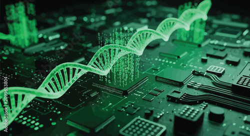 Quadro su tela Green DNA helix, circuit board, biotechnology concept, genetic engineering, micr