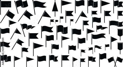 Bild auf Leinwand Black flag silhouette icons set, minimalist pennant and banner shapes, 60 vector