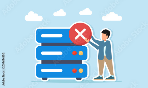 Man Holding Cross Button Near Database Server Illustration Of Failure In Designing Server Database System